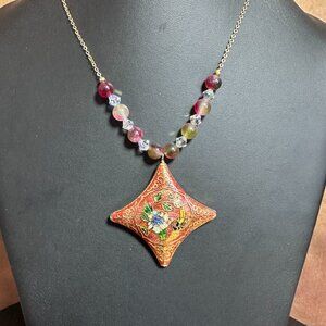 Cloisonne Pendant Necklace with Watermelon Tourmaline & Swarovski Crystals OOAK